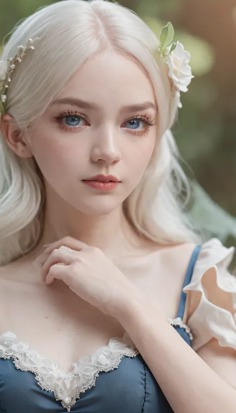 8k, 85mm, official art, raw photo, absurdres, platinum blonde hair, (blue eyes, lolita fashion, sweetlolita, gothic, dress:1.2), idol face, upper body, beautiful girl, gardeniass, short sleeve, elegance, sophisticated, gardenia, looking at viewer, film gra...