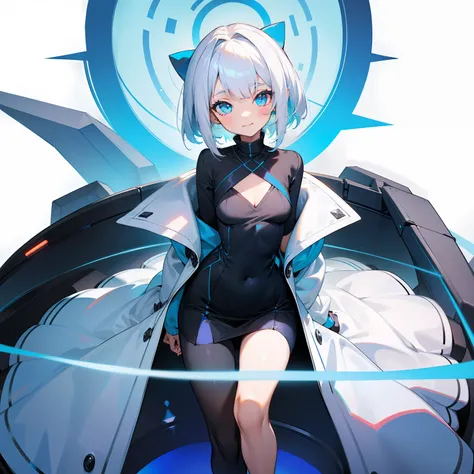 high qulity，with short white hair，Black sweater，White coat，teens girl，ssmile，Sit Pose，Girly，cute big breasts，，blue colors，The eye，Gentle，With a petite figure，Small chest，