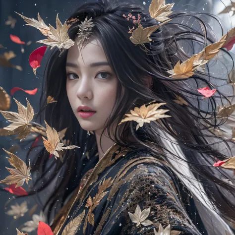 32K（tmasterpiece，k hd，hyper HD，32K）Long flowing black hair，Rockery，zydink， a color，  Xuzhou people （Seduce girls）， （Red scarf in the snow）， jumping posture， looking at the ground， long whitr hair， Floating hair， Carp pattern headdress， Chinese long-sleeved...