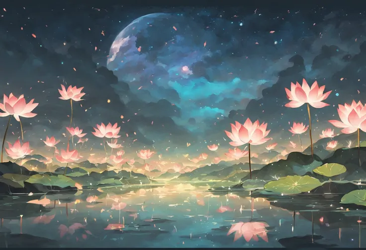 A painting of a lotus river，lotuses，Lotus leaf，lotus flower，best qualtiy，Fantasyart，beautiful anime scenes，A bright moon，Starry sky environment in moonlight，Dream painting，Anime background art，dream scenery art，Fantastic night, anime backgrounds, backgroun...