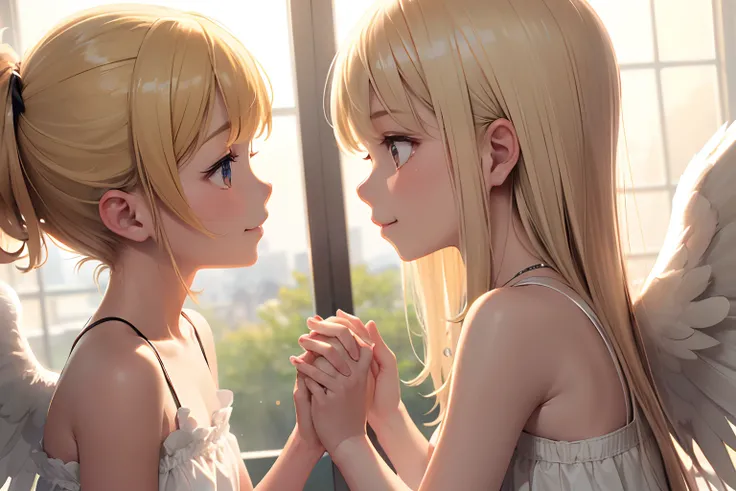 Best Quality, masutepiece, (Girl with angel wings:1.2), Two girls praying face to face, White sleeveless dress, (12year old), extra detailed face, (Smile), (Petite, skinny:1.1), (Blonde hair:1.2),