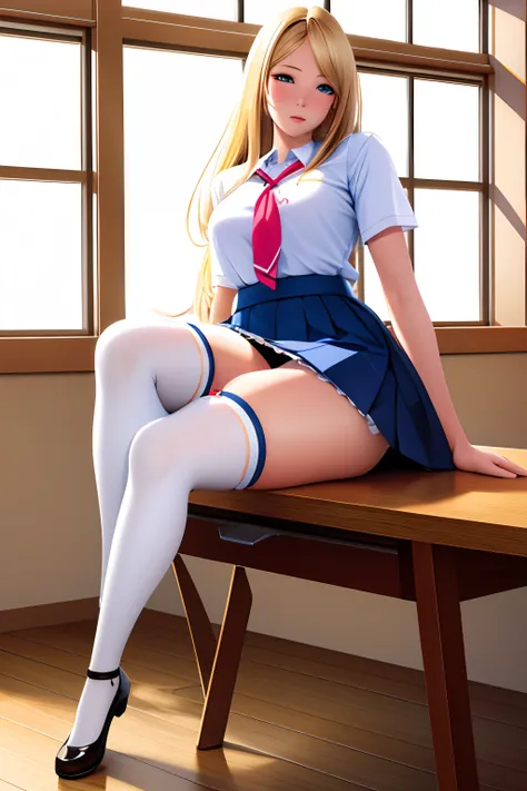 blond haired girl sitting on a bench in a room with a window, a hyperrealistic schoolgirl, hyperrealistic schoolgirl, realistic schoolgirl, seductive anime girl, smooth anime cg art, thighhighs and skirt, anime barbie in white stockings, photorealistic ani...