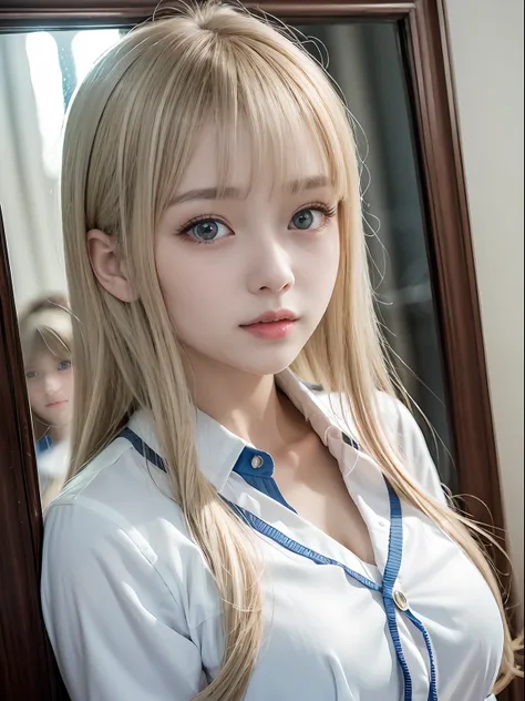 portlate、School Uniforms、bright expression、Young shiny shiny white shiny skin、Best Looks、Blonde reflected light、Platinum blonde hair with dazzling highlights、shiny light hair,、Super long silky straight hair、Beautiful bangs that shine、Glowing crystal clear ...