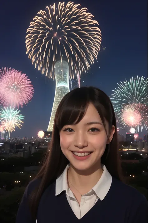 A smile、hi-school girl、校服、While doing fireworks、mare、Tokyo Skytree