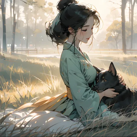 ((A woman lying on the grass，A pastoral dog jumps on the side))，Gorgeous light gauze hanfu，Happy emoji，Separate bangs，Ponytail hairstyle，dynamic blur，Fog shrouded，Detailed representation，，Ray traching，Third Person View，ink wash style，8K