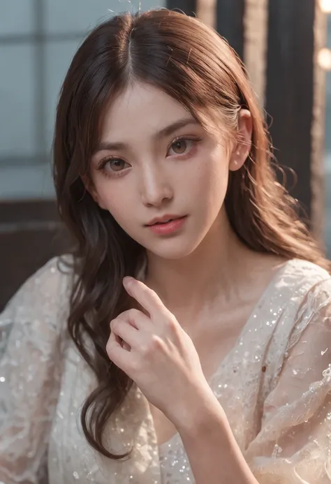 Drunk girl，（best qualtiy，8K，tmasterpiece:1.3），Goose egg face，largeeyes，long eyelasher，With bangs，Cool handsome，Domineering，Exquisite（live-action realistic style），Star-like eyes，Ultimate face，Photorealistic light and shadow，Clear facial features，Milky white...