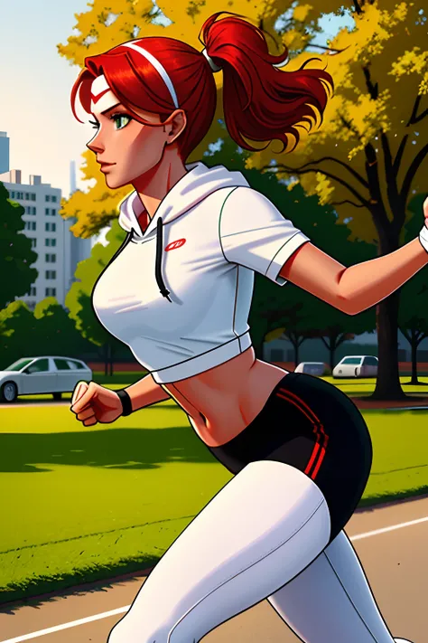 A woman with red hair short ponytail white headband green eyes sports hoodie yoga pants running shoes early morning park running