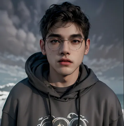 (masterpiece:1.2), (best quality:1.2), hyper realistic,highestres,absurdres,extremely detailed,volumetic,dramatic lighting,(frontal view),
20 year old boy,face,detailed eyes, dark grey hoodie, black t-shirt, with background ((sky))