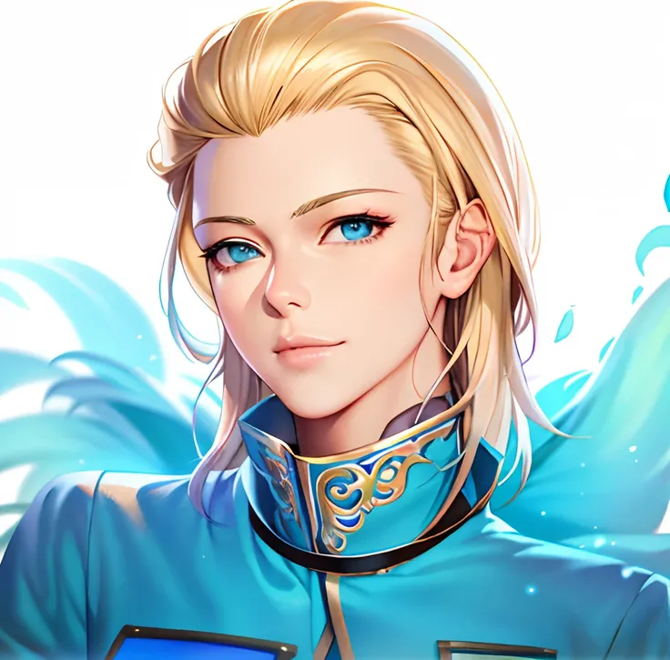 There is a painting，The painting shows a woman with blond hair and a blue jacket, detailed character portrait, 🤤 girl portrait, attractive androgynous humanoid, Character art portrait, Detailed fanart, Realistic art style, rossdraws portrait, made with ani...