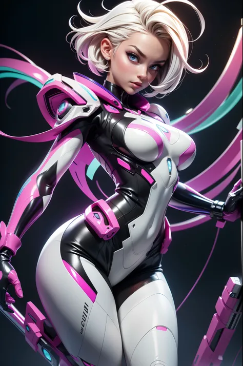 full body picture Unreal Engine 5 8K UHD of beautiful woman，with short white hair，Dress colorful neon color tight futuristic latex spider woman cosplay。，Latex swimwear，Sexy action，Wait for slow breasts，Muscular figure，Swimsuits that rarely cover the skin，l...