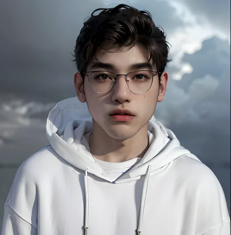 (masterpiece:1.2), (best quality:1.2), hyper realistic,highestres,absurdres,extremely detailed,volumetic,dramatic lighting,(frontal view),
20 year old boy,face,detailed eyes, white hoodie, black t-shirt, with background ((sky))