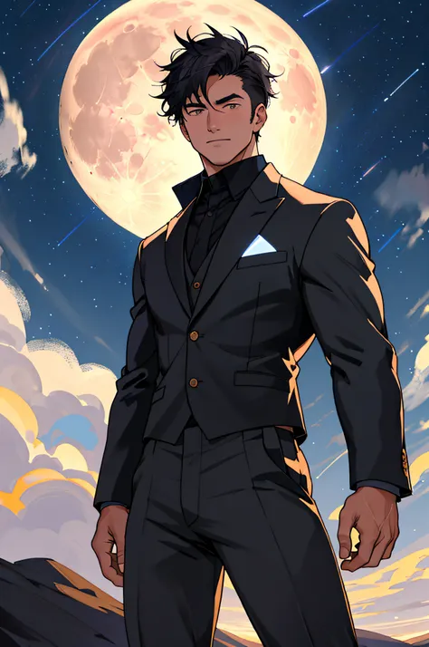 Draw a full-fledged athlete，Standing on the steppe at night，he is wearing a suit，The man looks confident and determined，looking-down，Crew cut，full bodyesbian，Stars dot the sky，shooting from below，Big moon highlights background