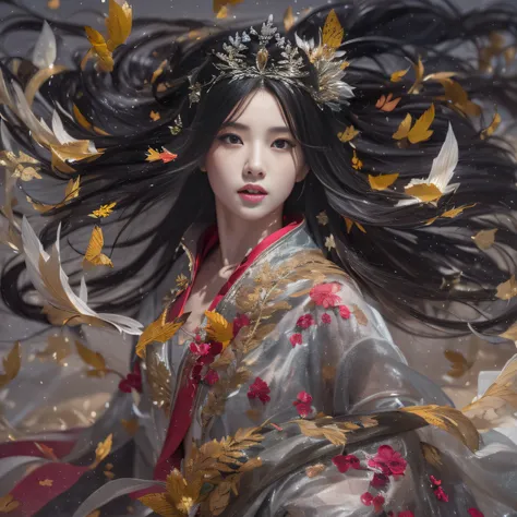 32K（tmasterpiece，k hd，hyper HD，16k）Long flowing black hair，Rockery，zydink， a color， Xuzhou people （Seduce girls）， （Red scarf in the snow）， jumping posture， looking at the ground， long whitr hair， Floating hair， Carp pattern headdress， Chinese long-sleeved ...