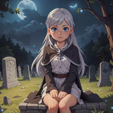 best quality, (masterpiece:1.1), 1girl, silver hair,  looking at viewer, cute, sitting, fantasy, rpg, witches outfit, cemetery, ...