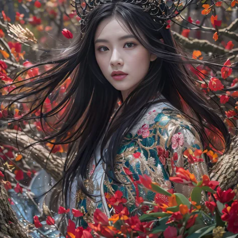 32K（tmasterpiece，k hd，hyper HD，32K）Long flowing black hair，Rockery，zydink， a color，  Xuzhou people （Seduce girls）， （Red scarf in the snow）， jumping posture， looking at the ground， long whitr hair， Floating hair， Carp pattern headdress， Chinese long-sleeved...