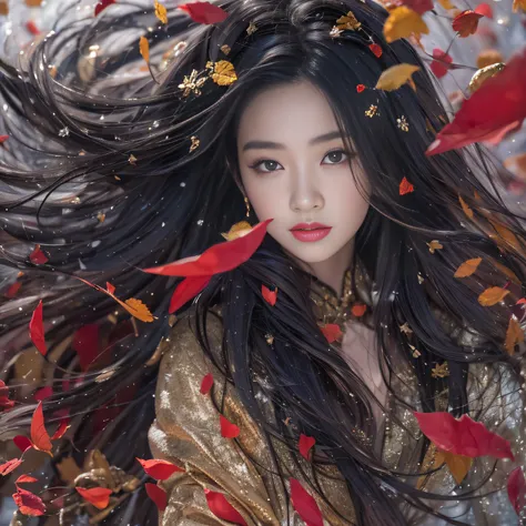 32K（tmasterpiece，k hd，hyper HD，32K）Long flowing black hair，Rockery，zydink， a color，  Xuzhou people （Seduce girls）， （Red scarf in the snow）， jumping posture， looking at the ground， long whitr hair， Floating hair， Carp pattern headdress， Chinese long-sleeved...