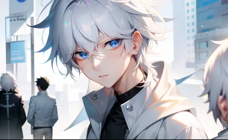 anime character with white hair and blue eyes in a city, Tall anime guy with blue eyes, nagito komaeda, male anime character, killua zoldyck black hair, Anime handsome man, young anime man, kaworu nagisa, white haired Cangcang, hajime yatate, White-haired,...