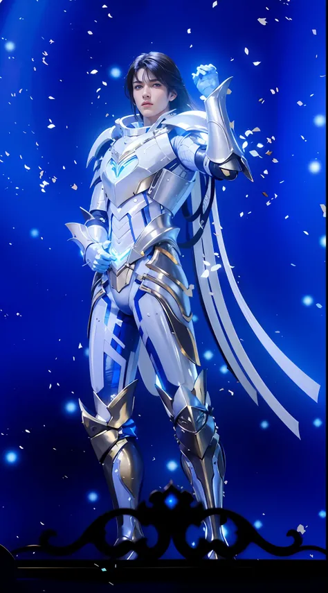 handsome boy, blue eyes, long hair, best quality, photo, 4k,looking at viewer,full body,wear platinum armor,