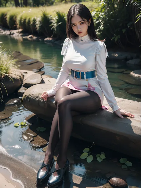 (full body:2)，(1girl:1.3),(view the viewer:1.4)，(anatomy correct:1.5),(Sitting by the creek,:1.35),(Polished Satin finish pantyhose:1.4),(A mature and sensual woman Wear printed fantasy soldiers SET and polished Uniform womens leather shoes :1.35)，(A woman...