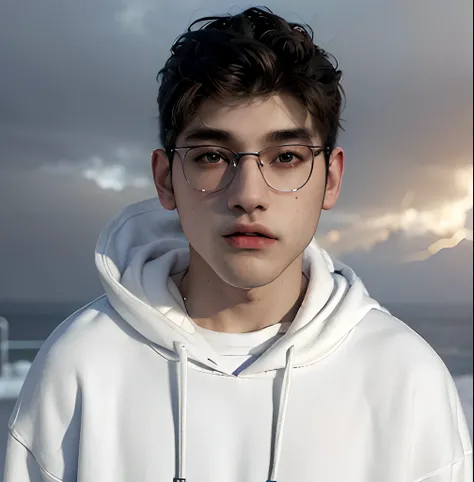 (masterpiece:1.2), (best quality:1.2), hyper realistic,highestres,absurdres,extremely detailed,volumetic,dramatic lighting,(frontal view),
20 year old boy,face,detailed eyes, white hoodie, black t-shirt, with background ((sky))