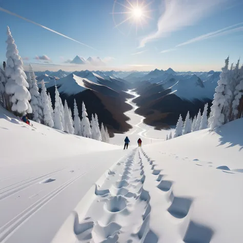 at the top of a snowy mountain，skiers focus on sliding，he wears tight ski suits，bring ski goggles，stand on skis，knees slightly b...