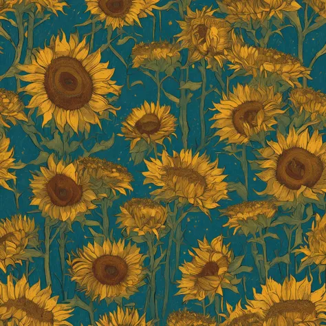 Van Gogh，starrysky，Sea of sunflower flowers