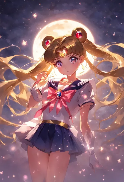 sailor moon, realistic, 1girl, (magical girl:1.4), long dark brown hair, (gold opal eyes), (crystals, shimmer bokeh), (gothic:1.4)style sailor scout uniform, (big breasts:1.25), cleavage, wide hips, small waist, tan skin, collarbone, parted lips, makeup, b...