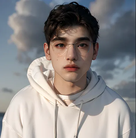 (masterpiece:1.2), (best quality:1.2), hyper realistic,highestres,absurdres,extremely detailed,volumetic,dramatic lighting,(frontal view),
20 year old boy,face,detailed eyes, white hoodie, black t-shirt, with background ((sky))