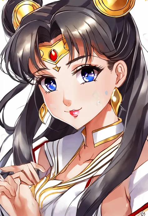 sailor moon, realistic, 1girl, (magical girl:1.4), long dark brown hair, (gold opal eyes), (crystals, shimmer bokeh), (gothic:1.4)style sailor scout uniform, (big breasts:1.25), cleavage, wide hips, small waist, tan skin, collarbone, parted lips, makeup, b...