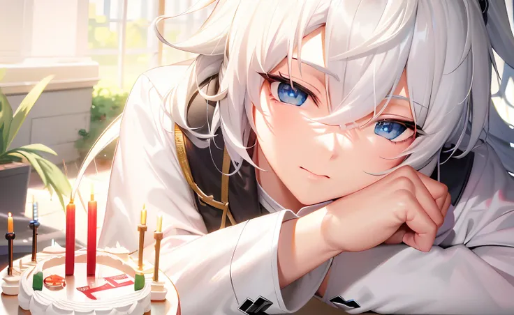 Anime boy with white hair and blue eyes sitting in front of cake, From Arknights, from girls frontline, Kawasi, Guviz, nagito komaeda, Genshin, Girls Frontline CG, Guweiz in Pixiv ArtStation, A scene from the《azur lane》videogame, prussia, hajime yatate, wh...