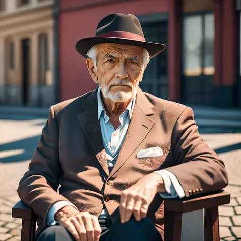 a gentleman sitting in a square, aged face, wrinkles, thoughtful countenance, photography style, FHD, 4k, dusk, 3:2