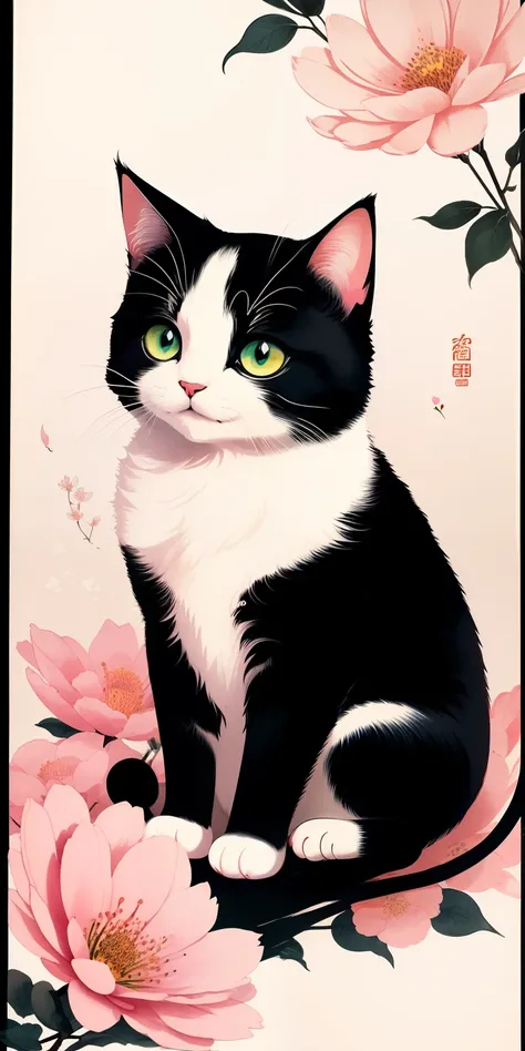 (Masterpiece, best quality: 1.2), shukizuma, negative space, shuimobysim, ink painting, colorful colors, traditional Chinese, cute little cat playing flowers, peaceful, (smile), looking at the scenes, color saturation, bright colors