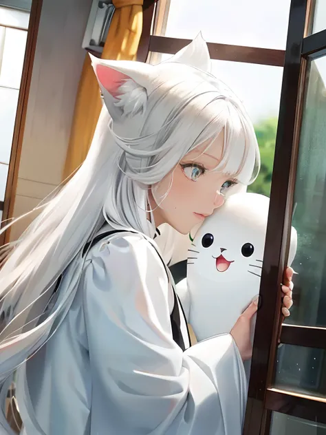 Close-up of a man holding a cat close to a window, White Cat Girl, White ( cat ) Girl, Perfect white haired girl, very beautiful cute catgirl, anime barbie in white, Girl with white hair, long  white hair, with long white hair, beautiful anime catgirl, Ver...