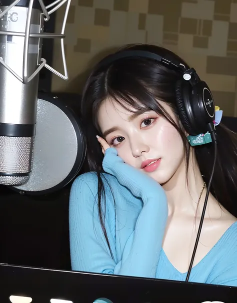 there is a woman wearing pink headphones and a pink sweater, full body xianxia, bae suzy, headshot profile picture, jaeyeon nam, xianxia, cai xukun, jinyoung shin, inspired by Song Maojin, with head phones, gongbi, korean idol, new song, album art, trendin...