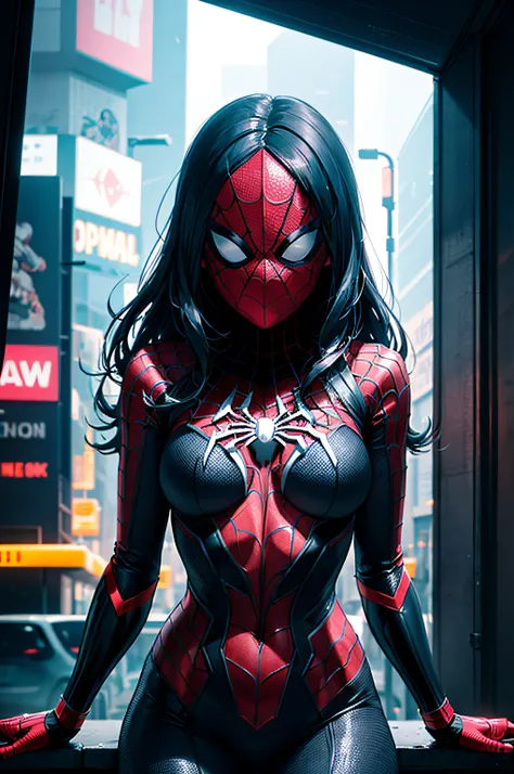 a somber portrait of Spider-Woman from Marvel with intricate angular cybernetic implants inside a brutalist building, a gothic brutalist cathedral, cyberpunk, award-winning photos, bokeh, neon lights, cybernetic limb