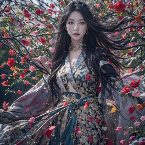 32K（tmasterpiece，k hd，hyper HD，32K）Long flowing black hair，Rockery，zydink， a color，  Xuzhou people （Seduce girls）， （Red scarf in the snow）， jumping posture， looking at the ground， long whitr hair， Floating hair， Carp pattern headdress， Chinese long-sleeved...