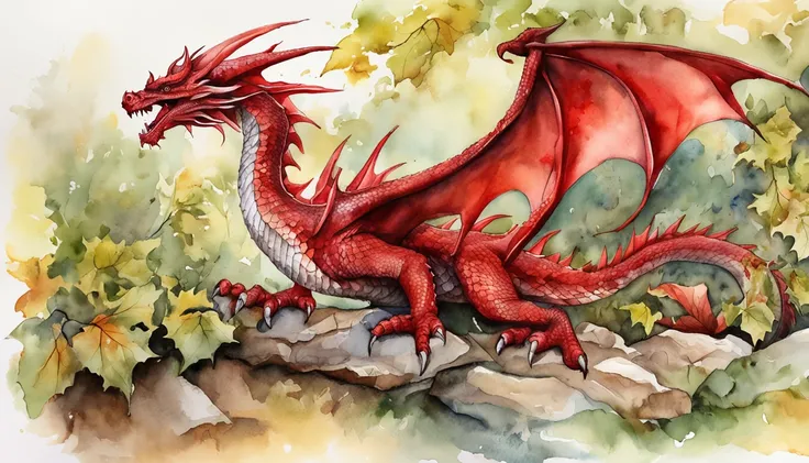 best quality, a gorgeous water color art of a wyvern crimson red dragon, intricately detailed, (best shadow), elegant, volumetric lighting