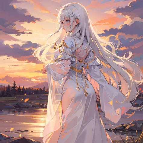 White-haired, long-haired girl, wearing a long white dress, sunset, looking back