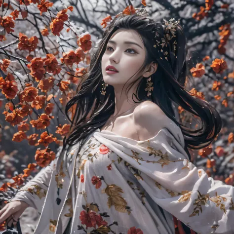 32K（tmasterpiece，k hd，hyper HD，32K）Long flowing black hair，Rockery，zydink， a color，  Xuzhou people （Seduce girls）， （Red scarf in the snow）， jumping posture， looking at the ground， long whitr hair， Floating hair， Carp pattern headdress， Chinese long-sleeved...