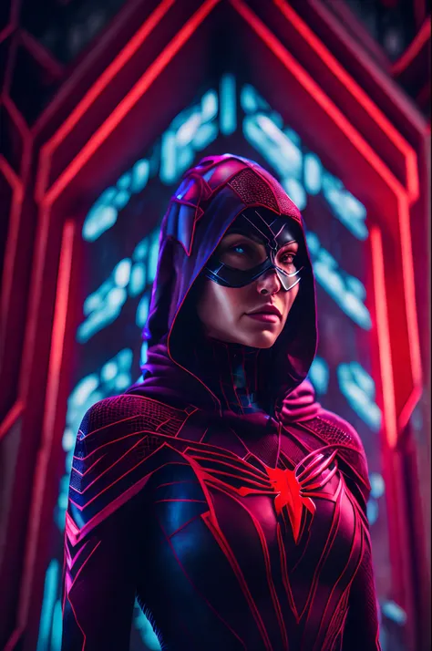 a somber portrait of Spider-Woman from Marvel with intricate angular cybernetic implants inside a brutalist building, a gothic brutalist cathedral, cyberpunk, award-winning photos, bokeh, neon lights, cybernetic limb,