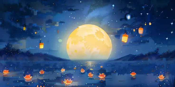 the night，Kongming Lantern，river water，em cor azul escuro，galactic，star ocean，themoon，Moon cake，Mid-Autumn Festival，Moon，Movie lighting，exquisitedetails