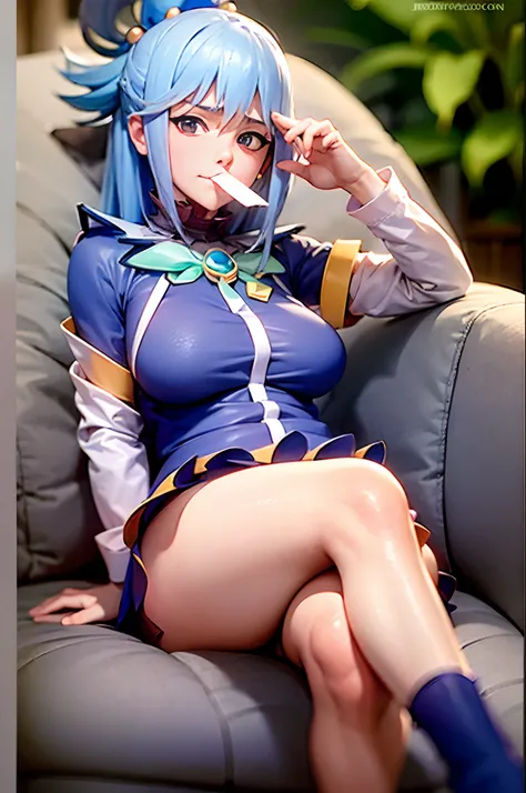 (Prominence in Masterpiece, Best Quality: 1.2), solo, 1 girl,aqua, serious, mouth closed, looking at viewer, hand on face, sitting, legs crossed, collared shirt, tie up, skirt, stockings , big thighs, big breasts,blue  hair)