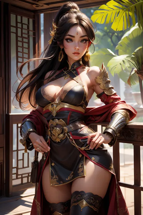 Ancient Chinese architecture，Female warriors in national style，Wear revealing armor，Simple clothing， Minimalist style，Mixed Chinese and American races，The background is blurred out，focal，Cowboy shot，电影灯光，(((tmasterpiece))), ((best qualtiy)), ((Complex and ...