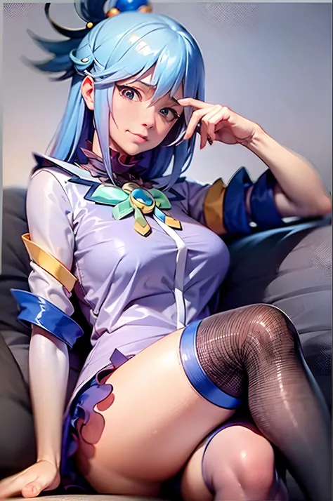 (Prominence in Masterpiece, Best Quality: 1.2), solo, 1 girl,aqua, serious, mouth closed, looking at viewer, hand on face, sitting, legs crossed, collared shirt, tie up, skirt, stockings , big thighs, big breasts,blue  hair)