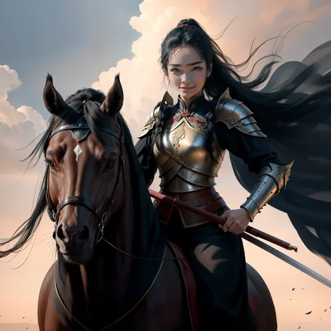 A beautiful Chinese girl riding on horseback，Tough and dashing character，With a confident smile，Like a fighter，Without a hat，Dressed in black Hanfu，The clothes are simple in style，Wear armor，Long black hair and high ponytail，Wear a long sword at the waist，...