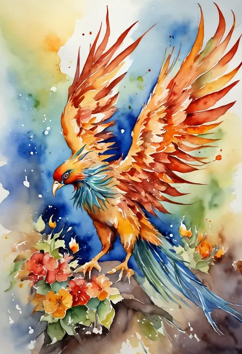 best quality, a gorgeous water color art of a phoenix, intricately detailed, (best shadow), elegant, volumetric lighting