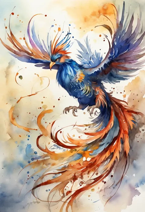 best quality, a gorgeous water color art of a phoenix, intricately detailed, (best shadow), elegant, volumetric lighting