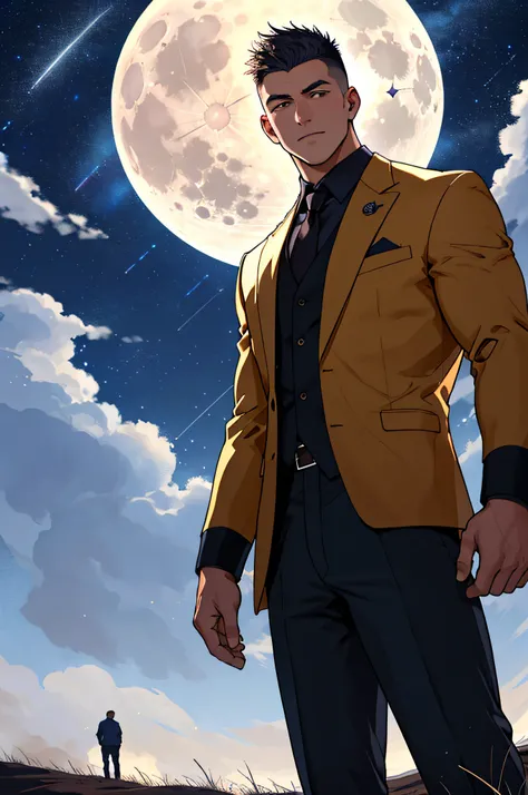 Draw a full-fledged athlete，Standing on the steppe at night，he is wearing a suit，The man looks confident and determined，looking-down，Crew cut，full bodyesbian，Stars dot the sky，shooting from below，Big moon highlights background