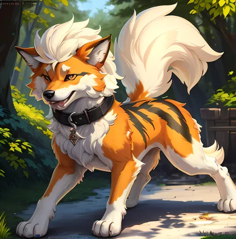 there is a painting of a dog that is standing in the woods, very very beautiful furry art, fursona art, art of silverfox, kitsune three - tailed fox, three - tailed fox, furry fantasy art, kitsune, anthro art, full art, anthropomorphic shiba inu, fursona f...