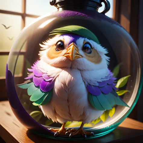 joyouse little beutiful bird is seen through the glass of a window, colors: fandango violet and tea green)), beautiful, photorealistic, lots of details, colors: fandango violet and tea green